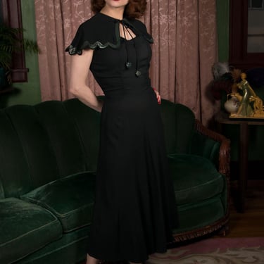 1930s Dress - Elegant Black 30s Dress in Rayon Crepe with Attached Capelet and Pale Mint Sequins 