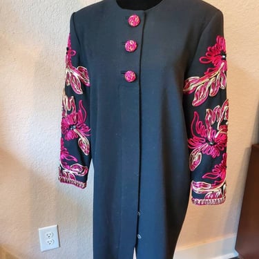 Vintage long coat by Rickie Freeman for Teri Jon black,1990's 
