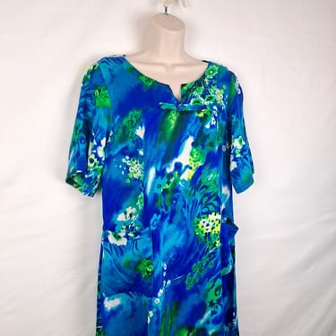 Vintage 60s Blue & Green Hawaiian Shift Dress 