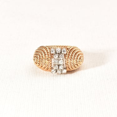 Modernist 18K Diamond Cluster Cocktail Ring, Woven Yellow Gold Dome Ring, Estate Jewelry, 5 1/4 US 
