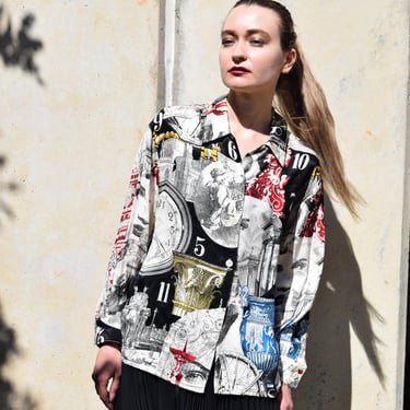 BYBLOS Vintage Novelty Print Silk Top Blouse SZ S to Medium 