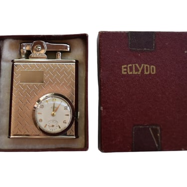 Vintage 50s Eclydo Chrome Lighter w Clock Watch Face w Original Box 