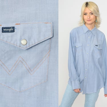 Wrangler Chambray Shirt 90s Denim Pearl Snap Jean Shirt Retro Western Long Sleeve Button Up Cowboy Hipster Vintage 1990s Medium Large 