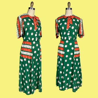 Vintage 1940s Color Pop Art Deco Bubble Print Day Dress Medium Large 