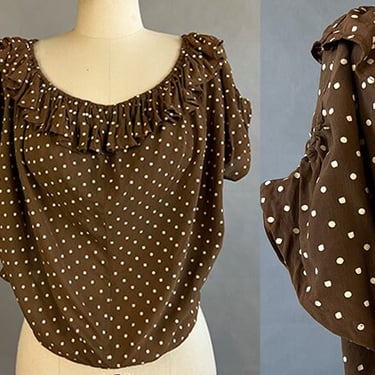 1950s Polka Dot Blouse / Brown Cropped Top / Polka Dot Print Blouse w/ Ruffled Neckline / Size Medium 