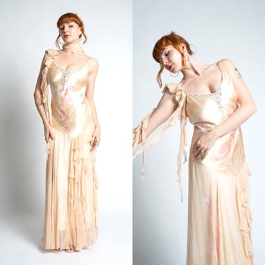 Vintage 2000s Dress / Y2K Diane Freis Pearl and Flowers Silk Gown / Cream ( S M ) 