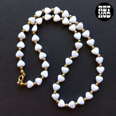 Super Cute Vintage 80s White Hearts Beaded Necklace 