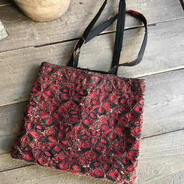 Embroidered Cloth Bag, Red, Black, Carpet Bag, Handbag, Small Tote Bag, Vintage, Ethnic 