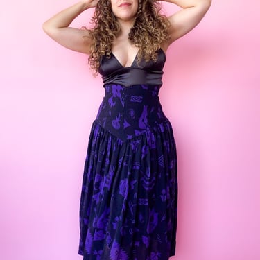 1980s Escada Black and Purple Drop Waist Skirt, sz. M