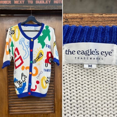 Vintage 1990’s “Eagle’s Eye” Monopoly Game Cartoon Pop Art Knit Sweater? 90’s Cardigan, Vintage Clothing 
