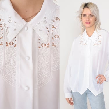 White Cutout Blouse 90s Floral Embroidered Button up Top Bali Cutwork Shirt Cut Out Top Long Sleeve Hippie Bohemian Vintage 1990s Large L 