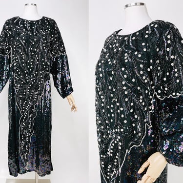 1980s M/L Black Iridescent Full Length Straight Beaded / Sequin Gown W Long Sleeves / 20s Art Deco Look / Formal Party Dress 
