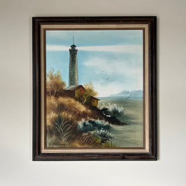 1970's U. Rosenburg Lighthouse by the Sea Impressionist Oil Painting, Framed 