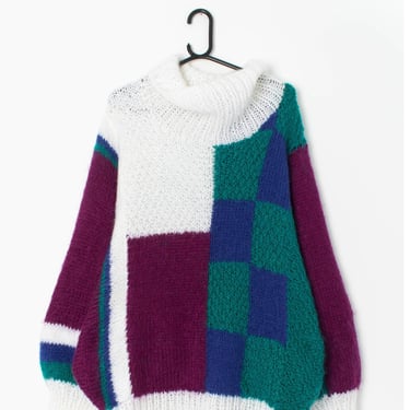 80s oversized hand knitted jumper in white, green and plum - XL/2XL 