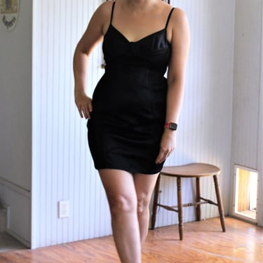 90s Slip Dress, Vintage 90s Ferretti Jeansphilosophy Stretch Satin Dress, 12 Women, Sexy Black Mini dress 