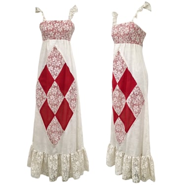 Vtg Vintage 1970s 70s Cottage Core Lace Applique Empire Waist Boho Maxi Dress 