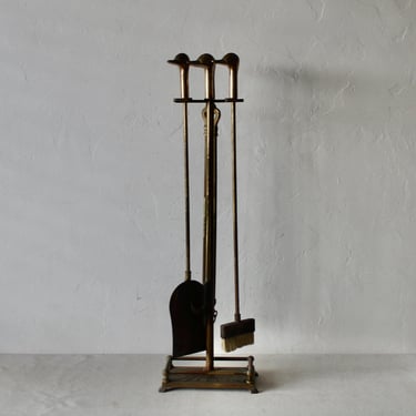 Vintage Brass Duck Head Fireplace Tool Set with Stand Mid-Century 