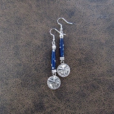 Long blue bone earrings, bold statement earrings, tribal earrings, horn earrings, dragonfly earrings, antique silver, ethnic earrings 