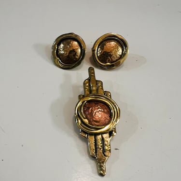 Vintage 80s brutalist set pierced earrings & pendant copper brass 
