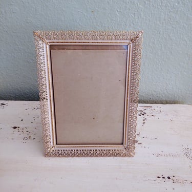 Vintage 5x7 White & Gold Metal Frame with Flower Detail and Brown Velvet Back An Overton Original South Haven, Michigan 