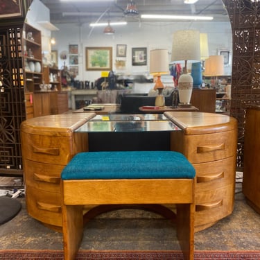 Heywood Wakefield Maple Niagara Vanity with Mirror and Stool Designed by Leo Jiranek, c. 1940s