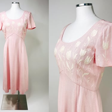 1950s-1960s Pastel Pink Heavyweight Dress w Tulip Appliqué Flowers by I.Magnin M/L | Vintage, Easter, Spring, Modest, Church, Girly, Pretty 