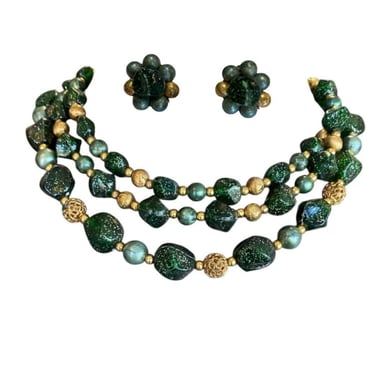 vintage 1950s green glitter multi-strand necklace, 50s costume jewelry set, nye 