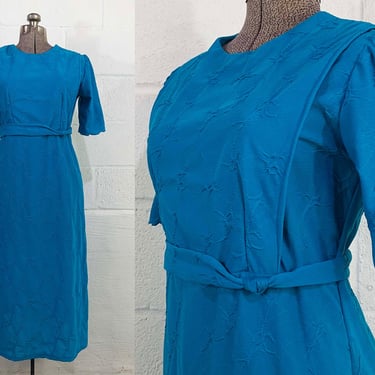 Vintage Teal Blue Dress A-Line Short Sleeve 1970s 1980s Small 