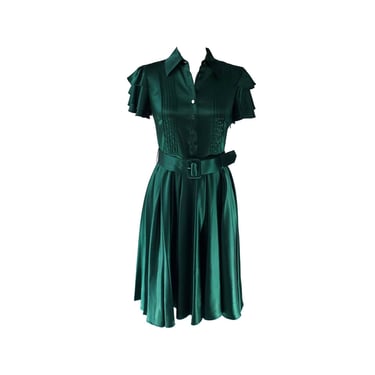 Catherine Malandrino Emerald Green Silk Cocktail Formal Dress Full Skirt Belted Collared Size 4 Petite 
