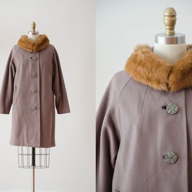 brown wool cashmere coat | 50s 60s vintage taupe greige rabbit fur collar heavy warm wool swing coat overcoat 