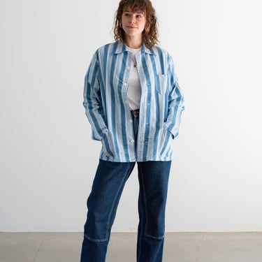 Vintage Blue White Striped Shirt Jacket | Unisex Flannel Stripe Cotton Pajama Chore Shop Coat | M | SJ019 