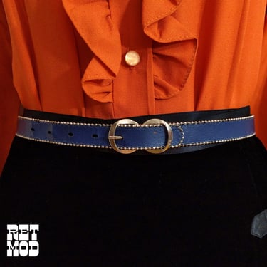 Vintage 60s 70s Navy Blue Skinny Belt with Silver Ball Trim 