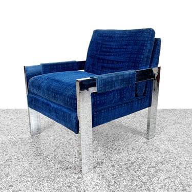 Vintage Chrome and Blue Velvet Lounge Chair in the Style of Milo Baughman 