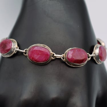 80's raw ruby sterling link bracelet, oval red stones rope edged 925 silver toggle clasp statement 