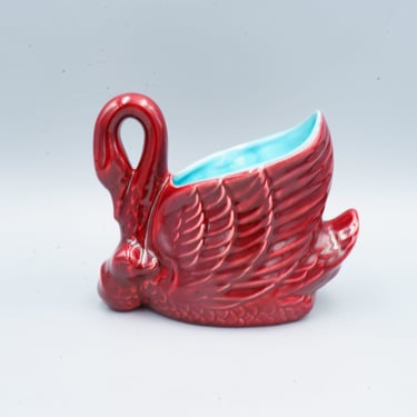 Red Wing Maroon & Turquoise Swan Planter | Vintage Minnesota Two Tone Pottery 