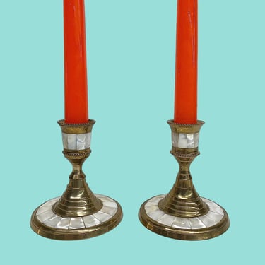 Vintage Candlestick Holders Retro 1980s Bohemian + Gold Metal + Mother Of Pearl + Inlaid Design + Set of 2 + Candle Holders + Home Decor 
