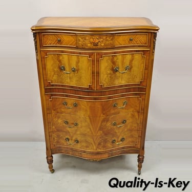 French Louis XV Style Satinwood Serpentine Highboy Tall Chest Dresser by Joerns