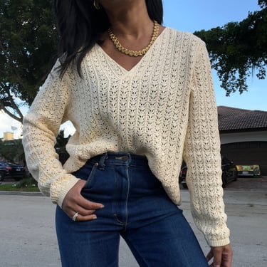 vintage pure cotton open knit butter yellow sweater 