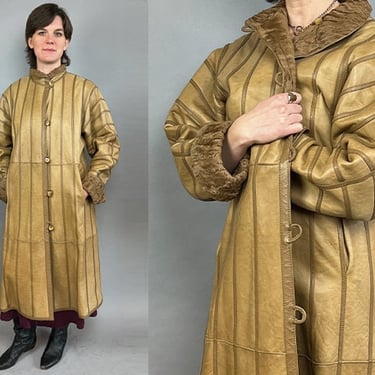 1980s Fur Coat / Reversible  Leather and Fur Coat / Egyptian Lamb Fur / Leather Windowpane Pattern / Size Medium Size Large 