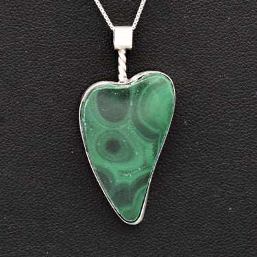60's Modernist sterling malachite heart pendant, asymmetrical 925 silver green stone necklace 