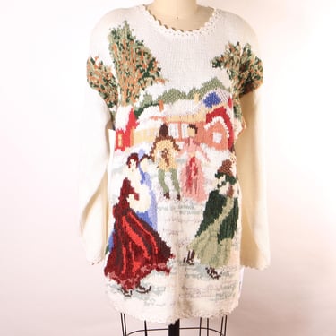 1980s 1990s White and Multi-Colored Novelty Knit Victorian Couples Christmas Skiing Pullover Sweater by Newport News -M 