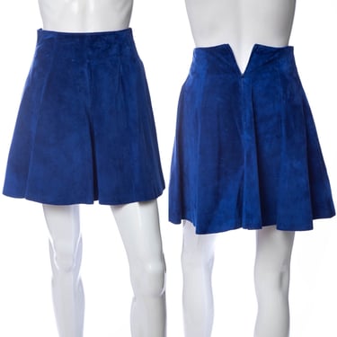 1990's Tannery West Blue Leather A-Line Mini Skirt Size XS
