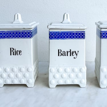 Antique Blue Stencil Canister with Lid Barley Oatmeal Rice Storage German Ceramic Blue + White Kitchen Canister French Blue Ironstone Jar 