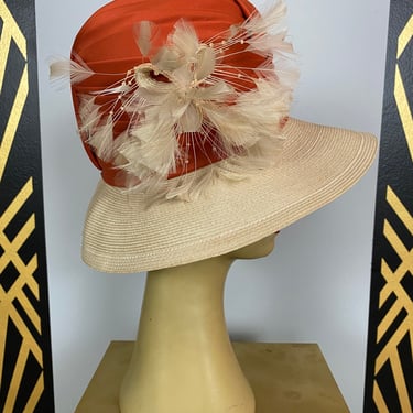 1960s hat, wide brim hat, 60s straw hat, vintage hat, orange and cream, wrapped, hat with feathers, mrs maisel style, 21 1/2, Doris designed 