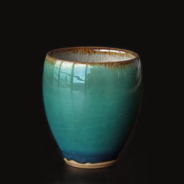 Rare Otaru Kiln Pottery | Blue & Green Glaze Japanese Tea Cup 