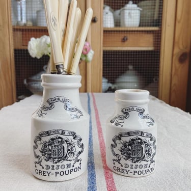 Beautiful set of 2 vintage French Dijon Grey mustard Poupn pots 