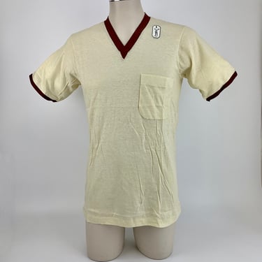 1950'S-60'S V-Neck Tee Shirt - MUNSINGWEAR Label - Pure Combed Cotton - Contrasting Collar & Cuffs - Men's Medium - DeadStock 