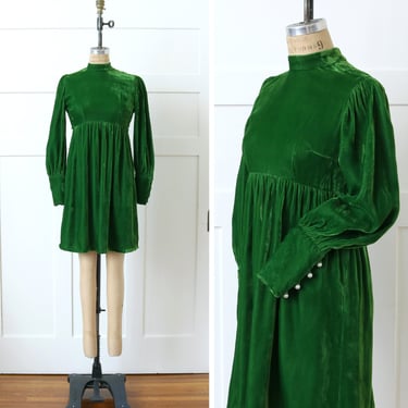 vintage 1960s green velveteen short dress • empire waist boho bishop sleeve babydoll dress 