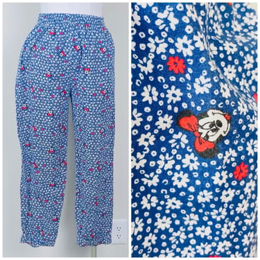 1990s Vintage Bue and Red Cotton Minnie Mouse Pants / 90s Novelty Print Zubaz Elastic Waist Trousers / Size Medium 