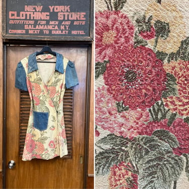 Vintage 1970’s Denim Hippie Floral Tapestry Fabric Patchwork Dress, Vintage 1970’s Dress, Tapestry Dress, Patchwork, 1970’s Denim 